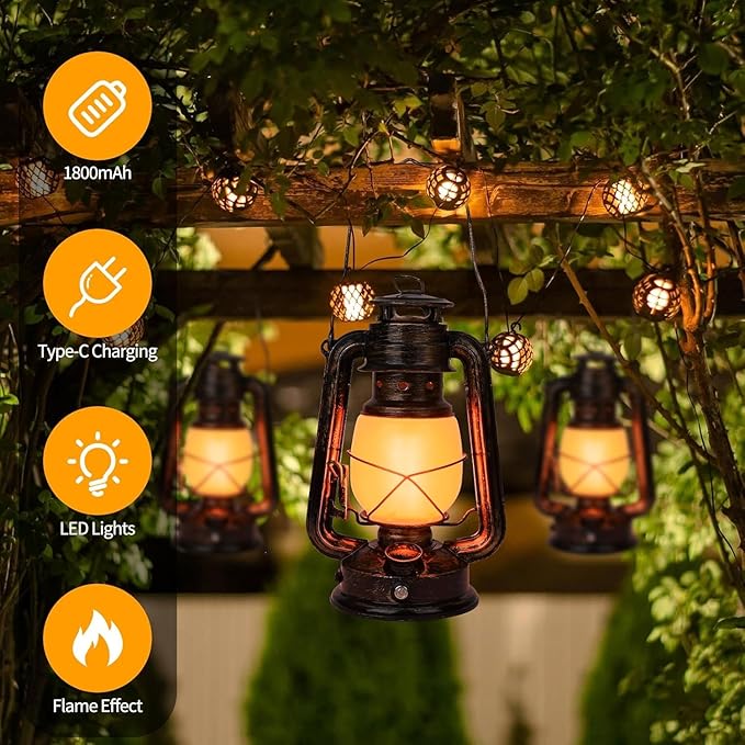Vintage Lantern, LED Battery Powered Camping Lamp Outdoor Hanging Lantern Flickering Flame Rechargeable Retro Lanterns 3 Modes Light Non-Solar