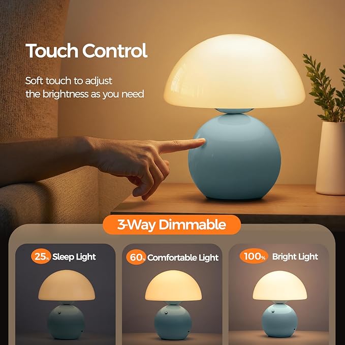 NIORSUN Mushroom Lamp Table Lamp for Bedroom, Portables Cordless Table Lamp,Wireless lamp,Small Bedside Table Touch Lamps for Living Room,Mini Mushroom 5200mAh Battery Operated Lamp Modern Blue