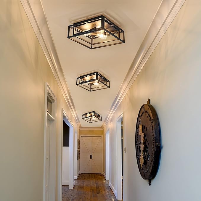 ZGLAOJT Black Flush Mount Ceiling Light Fixture，3-Light Industrial Metal Close to Ceiling Lights，Farmhouse Lighting for Hallway Bedroom Kitchen Dining Room