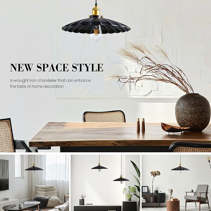 Hanging Light Fixture, Metal Pleated Lampshade Kitchen Island Pendant Lights Black Hanging Light Fixture 15.7 Inch Hanging Pendant Light Height Adjustable