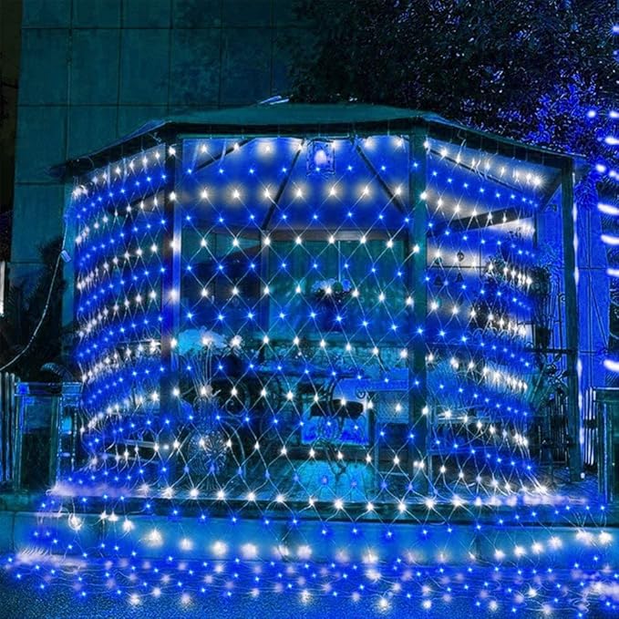 weillsnow 198 Led 9.8ft x 6.6ft 198 LED Net Lights, Connectable 8 Lighting Twinkle Modes Mesh Lights for Christmas Outdoor Patio Garden Bush Fence Decorations (Blue & White)