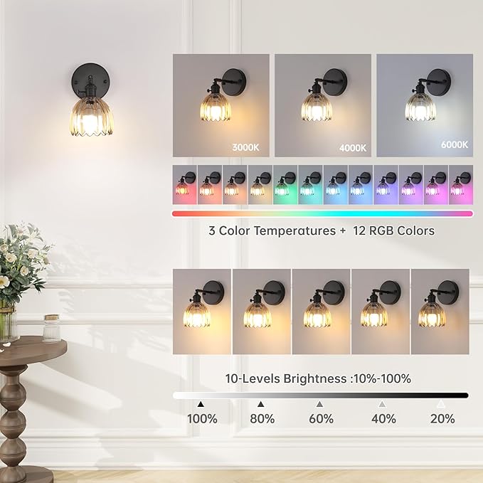 Vintage Battery Operated Wall Sconce with Amber Tulip Glass Lampshade Rechargeable Battery Powered Black Wall Light with Remote Control for Bedside Bedroom Doorway, Set of 2