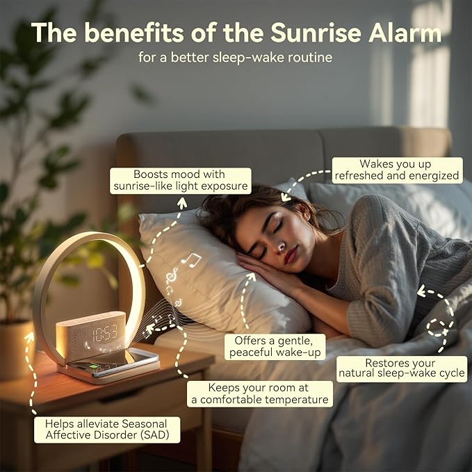 Vivilumens Sunrise Alarm Clock Wireless Charger, 10 White Noise Sound Machine Alarm Clock with 30/60/90 Mins Timer, 3 Levels Touch Night Light Dual Clocks for Heavy Sleeper Bedroom Decor Gifts for Her