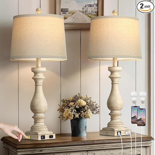 29" Tall Vintage Table Lamps Set of 2,Farmhouse Bedside Lamps with USB C+A Ports & AC Outlet,3-Way Dimmable Touch Lamp for Night Stands Living Room Bedroom,Beige