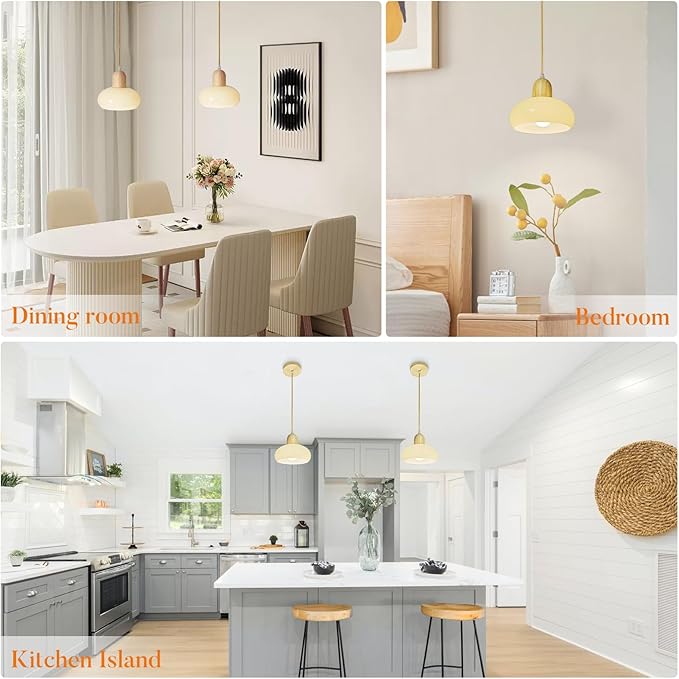 Glass Dome Pendant Light Cream Glass Hanging Ceiling Lamp Kitchen Island Pendant Lighting, Modern Wood Suspended Lights for Dining Table Bedroom Living Room Restaurant 7.87″ Pendant Lamps