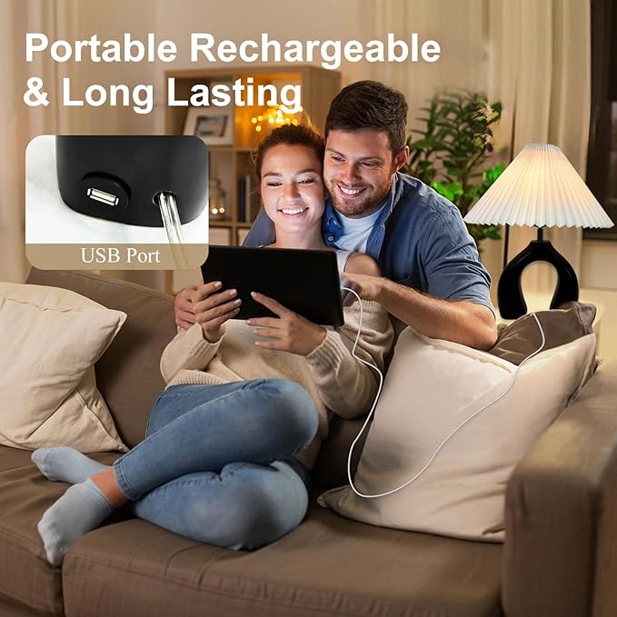 JuGuo 17.2" Ceramic Bedside Lamp - 3 Way Dimmable with USB Port & 4W Bulb - Touch Control Base and Pleated Lampshade - Ideal for Bedroom, Home Office and Living Room Decor.