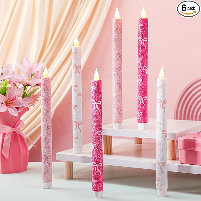 Honoson 6 Pcs Valentines Flameless Candles Glitter Bow Taper Candle 10.6 Inch Pink Coquette Candles Battery Operated LED Candlestick for Valentines Day Wedding Bridal Birthday Party Dinner Table Home