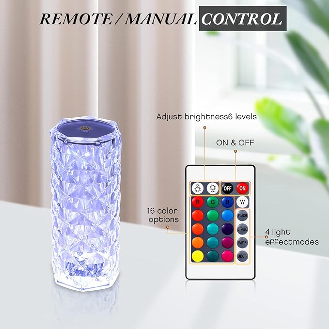2 Pack Crystal Lamp - Touch Control Rose Crystal Lamp Light for Bedroom, 16 Color Dimmable LED Desk Lamp Light, Battery Operated Small Table Lamp for Bedroom with Remote Controller