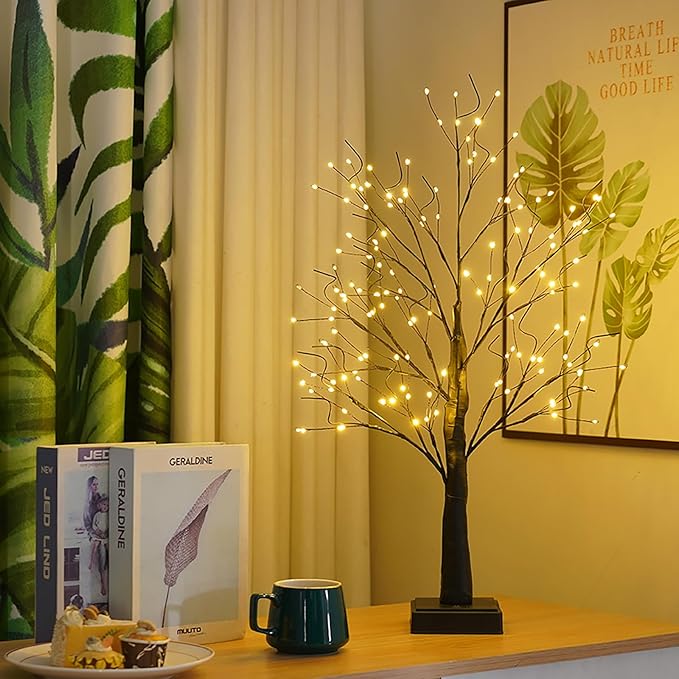 144 LED Artificial Tree Lamp with Timer, DIY Birch Tree with LED Lights, Lighted up Tree Lamp USB/Battery Powered, Fairy Light Spirit Tree for Table Home Wedding Bedroom Christmas (Black)