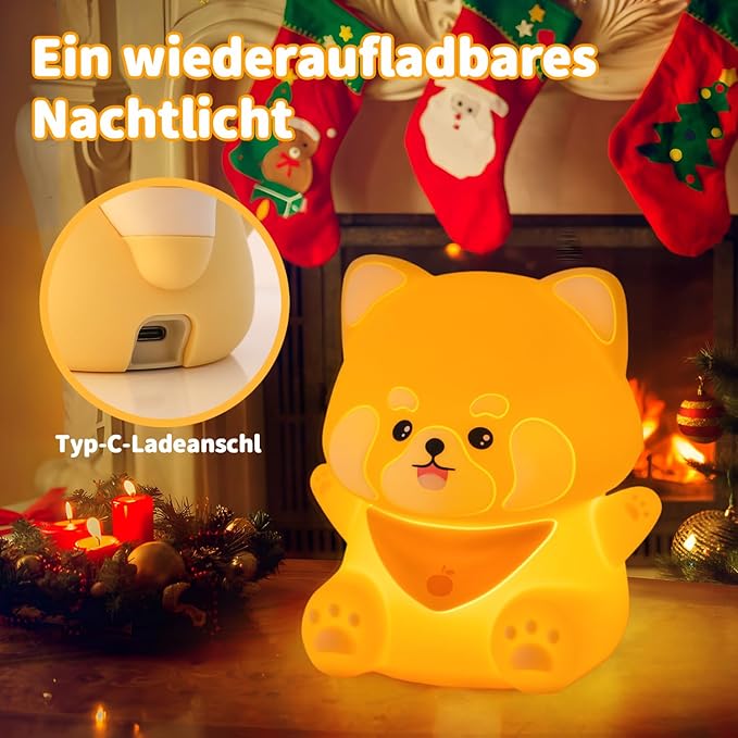 Red Panda Night Light, 50-Hour Battery & Pat Control, Squishy Silicone Lamp for Kids Nursery, USB Rechargeable with Timer, Easter Gifts