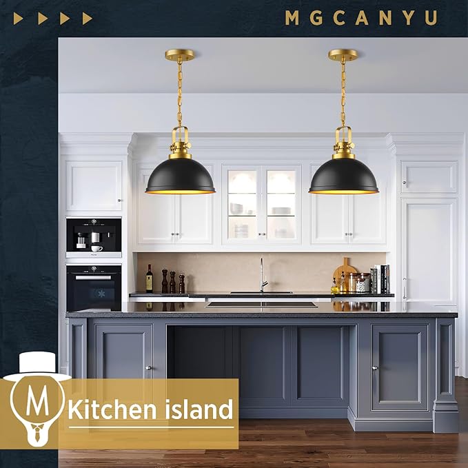 Farmhouse Black and Gold Pendant Lights Kitchen Island, Matte Black Dome Pendant Lighting Gold Vintage Metal Hanging Ceiling Light Fixture for Living Dining Room Restaurant Entrance Sink