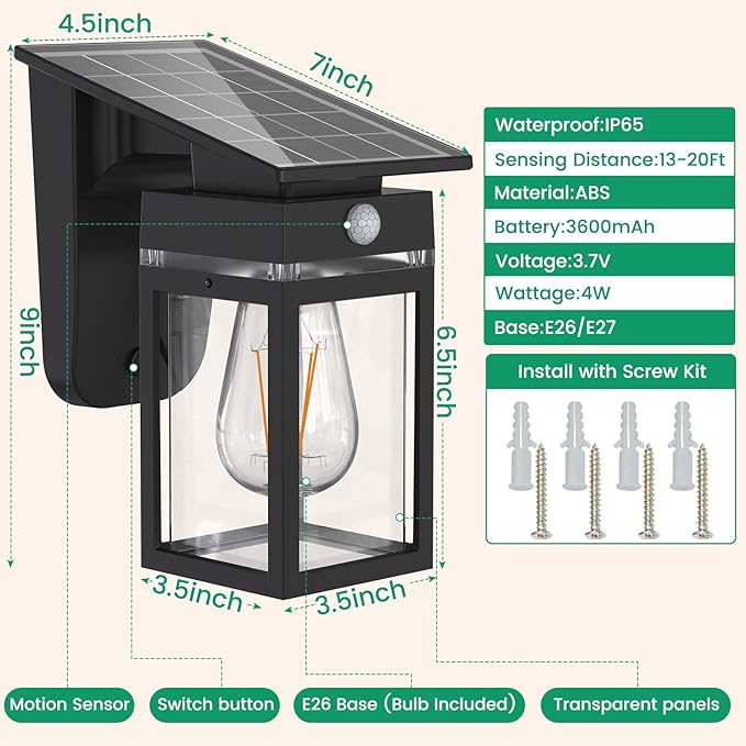 Solar Porch Lights Outdoor, Dusk to Dawn & Motion Sensor Wall Light with Lantern Shape, 3 Modes IP65 Waterproof, E26 Bulb Exterior Sconce for Front Porch, Garage, Patio Security
