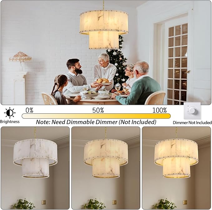 Alabaster Chandelier D24in Spanish Natural Marble Round Chandeliers,2 Tiers Alabaster Pendant Light,Modern Dining Room Chandelier, Dimmable Gold Chandeliers for Bedroom,Foyer,Bathroom,Entryway
