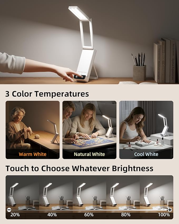 EZVALO Rechargeable Desk Lamp,6000mAh Battery Wireless Light,90Ra Cordless Table Lamp for Book Reading,Foldable Mini Lamp&Portable,3 Color Dimmable Small Light for Bed,Nail Light,Craft(White)