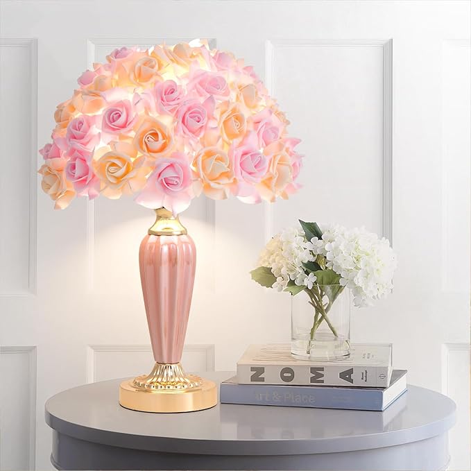 Pink Flowers Lamp Fabric Flower Bedside Lamp Romantic Rose Bouquet Table Lamp for Wedding Decor Girl Bedroom Valentines Dating Living Room Hotel Office
