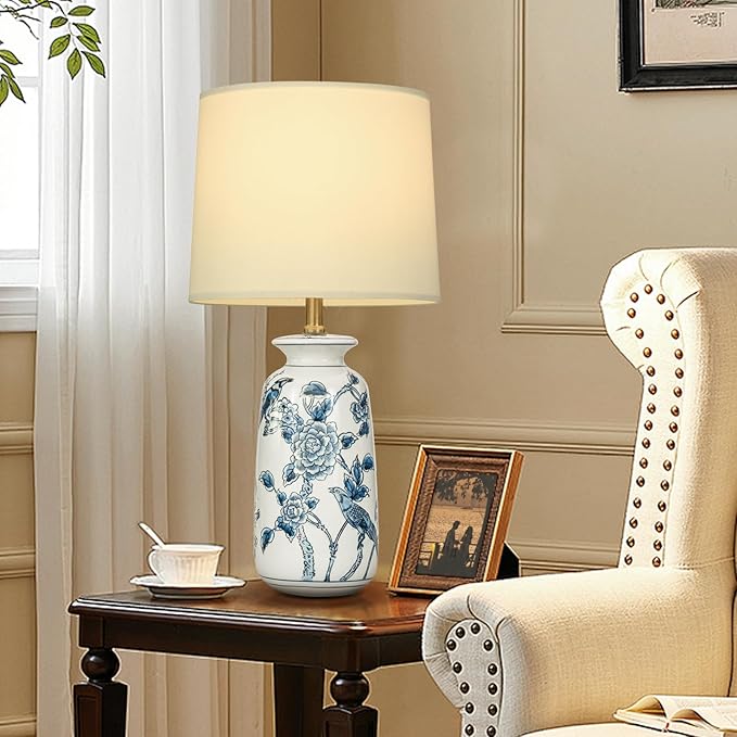 24.25" Blue Ceramic Table Lamp for Living Room, Classic Blue and White Lamp for End Table, Blue Birds and Flowers Lamps, Traditional China Nightstand Lamp for Bedroom