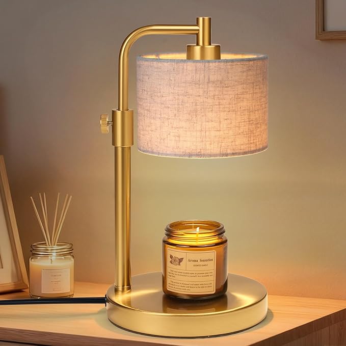 Candle Warmer Lamp, Candle Lamp Warmer with Timer Adjustable Height Wax Warmer Lamp for Jar Candles, Birthday Gifts for Women House Warming Gifts (Gold Linen)