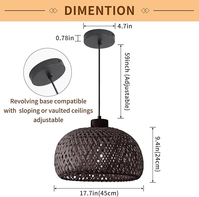 Black 18inch Bamboo Rattan Pendant Light, Hand-Woven Wicker Boho Hanging Ceiling Light Fixture, Pendant Lamp Rustic Farmhouse Chandelier for Kitchen Island, Dining Room, Living Room