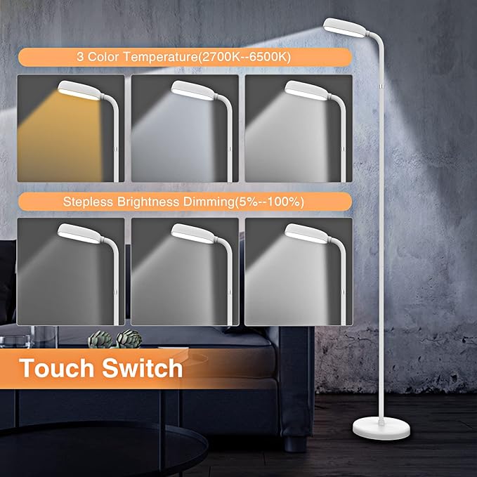 Cordless Floor Lamp, 5000mAh Rechargeable Battery Operated Floor Lamp, Adapter Included, Portable, Touch Control for Bedroom Reading Camping, Gooseneck, 3 Color Temperatures Emergency Lighting