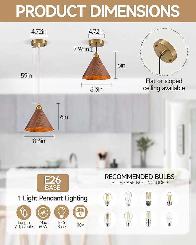1 Pack Wood Pendant Lights Kitchen Island, 8.3” Modern Pendant Light, Adjustable Height Brushed Gold Hanging Light Fixtures, Island Lights for Dining Room, Bedroom, Hallway, Bar(Walnut)