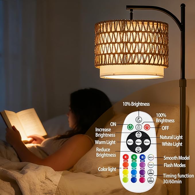 Dual-Shade Boho Floor Lamp with Rattan & Fabric - 2X Bright Dual-Bulb System, Cordless Operation & Weighted Base for Stability Modern Lighting for Bedroom/Office, No Wiring Needed