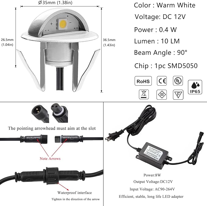 RNEHON 16-Pack Warm White LED Deck Lights Kit, Φ1.38 12V Low Voltage Step Stair Lights,IP65 Waterproof Recessed Landscape Lighting, Adapt for Garden,Yard Steps,Stair,Patio,Floor,Kitchen Decoration