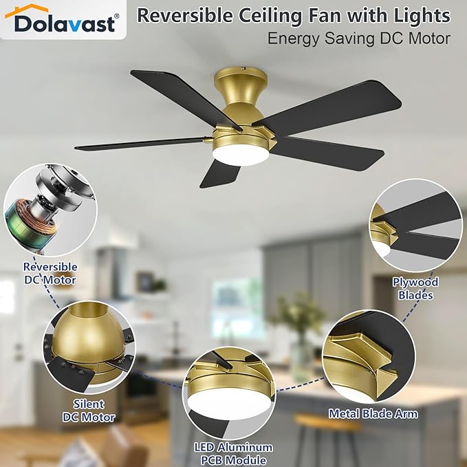 Ceiling Fans with Lights, 42 Inch Low Profile Ceiling Fan with Light and Remote Control, Flush Mount, Reversible, 3CCT, Dimmable LED, Quiet, Gold Ceiling Fan for Bedroom, Kitchen