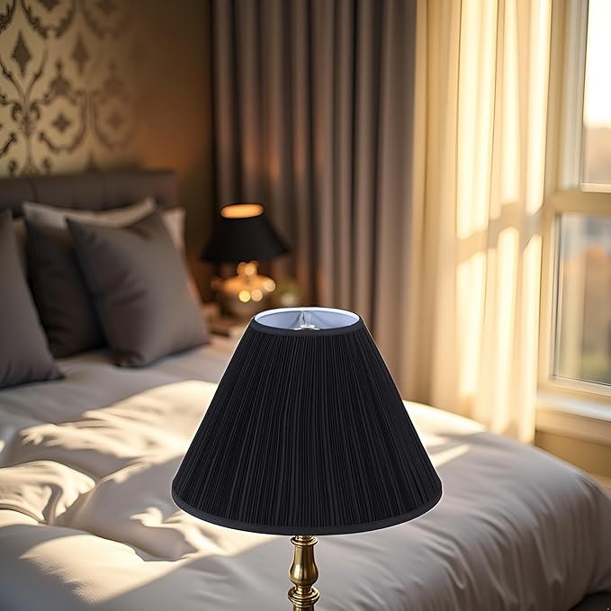 Aspen Creative 33024, Hardback Empire Transitional Spider Lamp Shade, Mushroom Pleated Black Faux Silk Fabric, 7" Top x 18" Bottom x 13" Slant Height