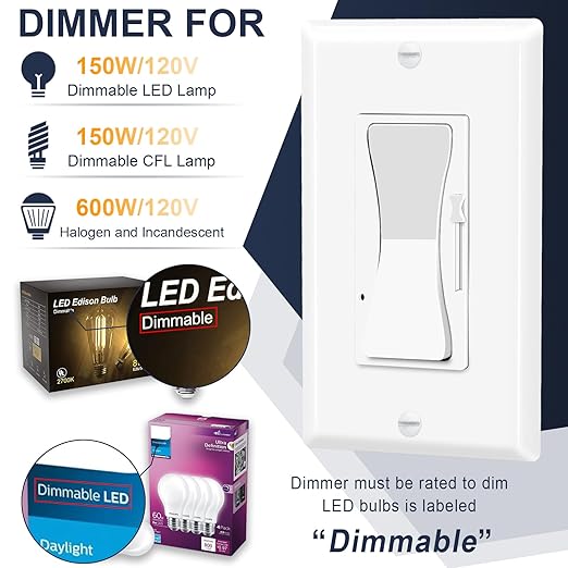 Dimmer Light Switch,Greencycle 24PK Single Pole/3 Way Dimmer Switch for Dimmable 150W LED CFL Light,600W Halogen and Incandescent,15A 120V,Neutral Wire Not Required,Residential/Commercial,ETL Listed