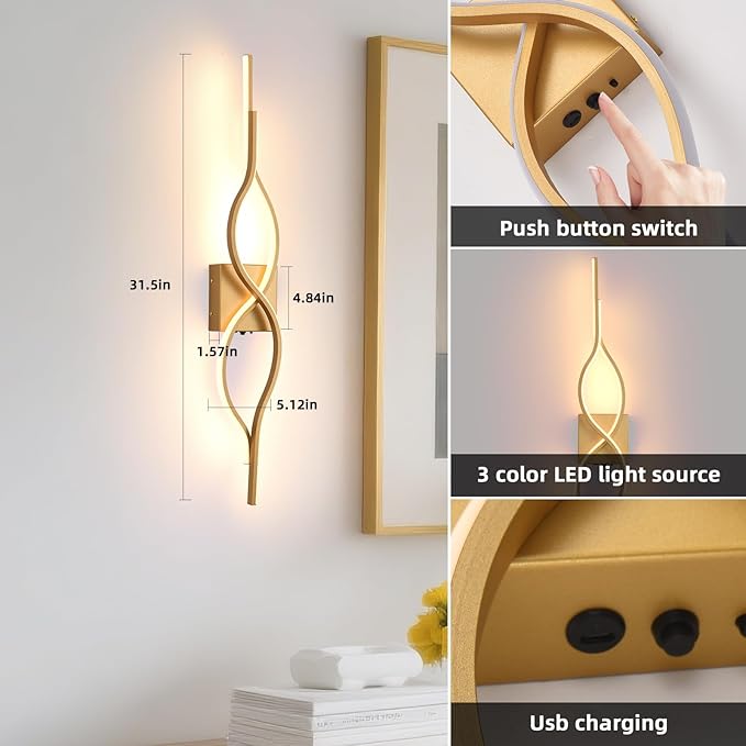 Battery Operated Wall Sconces Set of 2, Gold 31.4'' LED Dimmable Wall Sconce with Remote Control, Adjustable Color Temperature Brightness for Living Room Bedroom and Hallway USB Rechargeable Lighting