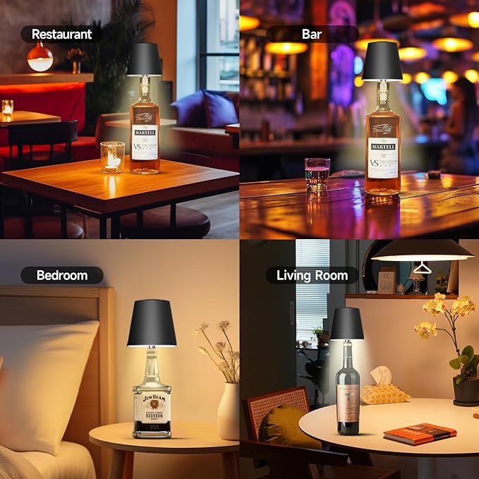 2025 New Wireless Bottle Lamp - LED Bottle Lights for Liquor & Wine Bottles, Cordless Lampshade, Whiskey Bottle Top Light, Bottle Stopper Night Light Kit, Rechargeable 3-Tone Touch-Dimmable 2 PCS