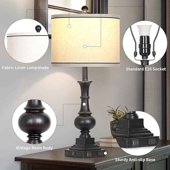 Farmhouse Lamps Set of 2, Antique Vintage Rustic Touch Control Table Lamps with USB A+C Ports & AC Outlet, Retro Classic Bedside Nightstand Lamp for Living Room Bedroom Office Black