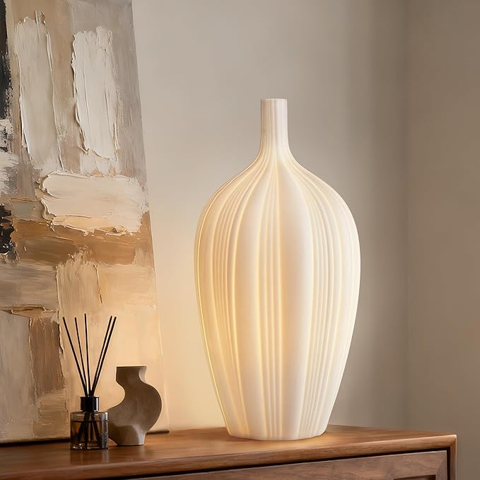 RONDURE 13.9" Modern Ceramic Table Lamp, Modern Bedside Lamps for Bedroom, Living Room and Nightstand, White Translucent Ceramic Shade, Warm Ambient Lighting, Home Decor