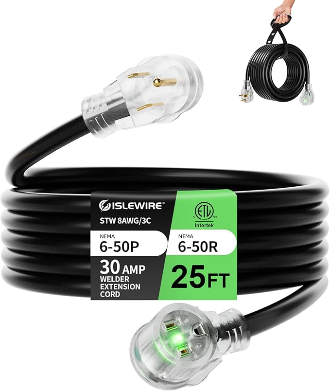 25ft 250V Welder Extension Cord, 8 Gauge Heavy Duty Outdoor Welding Cord with LED Indicator, NEMA 6-50P to 6-50R, 30 Amp 3 Prong Power Extension for Welding Machines, 8 AWG STW, ETL Listed