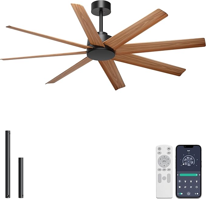 Ohniyou 60'' Ceiling Fan No Light - 8 Blades Modern Farmhouse Ceiling Fan Remote/APP Control, Covered Outdoor Ceiling Fan for Patio, Living Room, Black+Wood Color