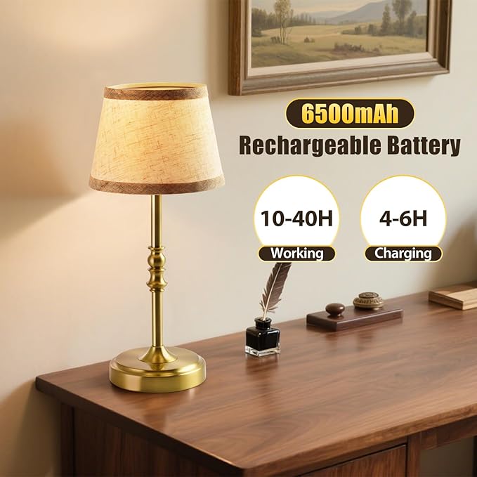 Small Gold Rechargeable Table Lamp,12-14 Inch Tall Vintage Style,Battery Powered Cordless Desk Lamp,Mini Touch Control Bedside Lamp,Warm Light 3000K for Nightstand Bedroom Counter Living Room-1 Pack