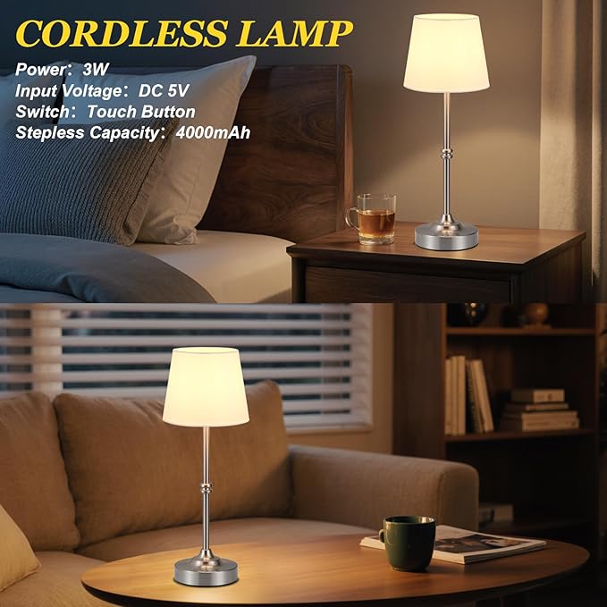 Kakanuo Rechargeable Cordless Table Lamp Silver - 2 Pack 4000mAh Battery Operated Lamp, Touch Control Stepless Dimming, for Home Decor, Dining Table, Living Room, Bedroom