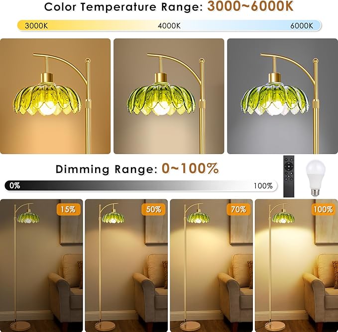 Gold Floor Lamps for Living Room: Tall Standing Lamp for Bedroom Office, Arc Mid Century Modern LED Floor Lamp with Remote, Vintage Boho Dimmable Green Flower Lamp for Corner