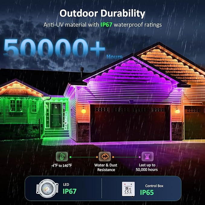 IVRICH 200FT Permanent Outdoor Lights, Smart RGB Eave Light with Color Changing, APP/Remote Control, IP67 Waterproof, Music Sync, Timer Function, for Christmas, Party, Holiday Decor