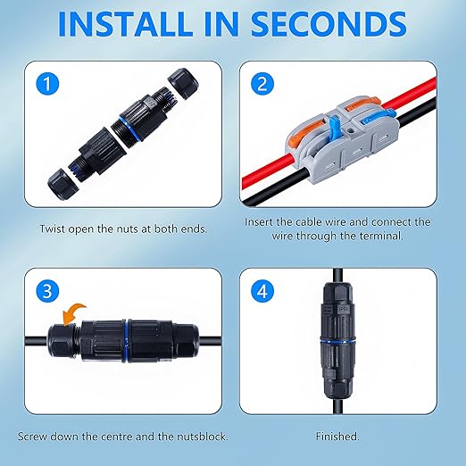 10PCS IP68 Waterproof Electrical Cable Connector, Outdoor 2 Way Junction Box, Waterproof Wire Connectors with Replaceable Lever Wire Connectors for AWG 28-12, Quick Screwless Installation