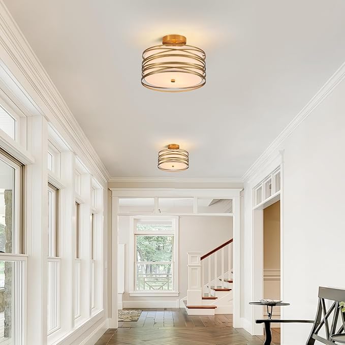 Drum Semi Flush Mount Ceiling Light Fixture Vintage 12.2“ Modern Farmhouse 2-Lights Linen Drum Ceiling Lighting Rustic Golden Ceiling lamp for Dining Room, Bedroom, Laundry Room, Basement