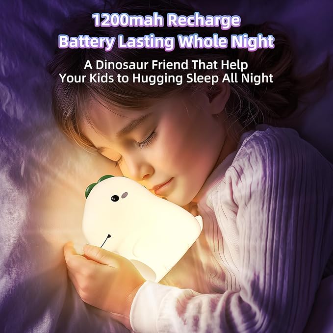 Dinosaur Kids Night Light, 16 Colors Silicone Nursery Touch Lamp, 3 Level Dimmable Squishy Nightlight, Cute Touch Bedside Lamp, Rechargeable Dino Room Decor Gifts for Baby Toddler Boys Girls
