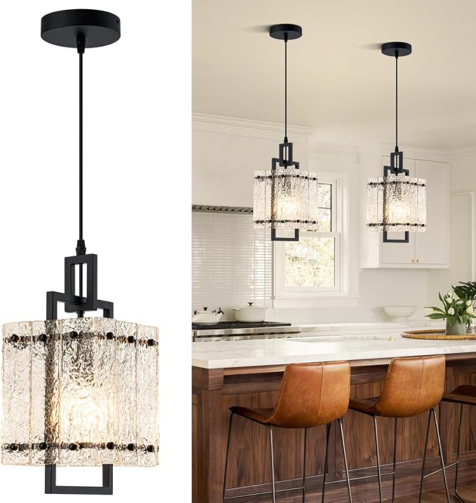 Pendant Lights Kitchen Island,Black Pendant Light Fixtures with Water Ripple Glass, Modern Pendant Lighting for Dining Room
