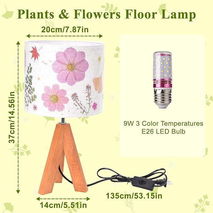 Dried Flowers Tripod Table Lamp 14.56in, 9W LED 3-Color Cute Bedside Lamp with Flowers Linen Lampshade for Nursery, Bedroom, Kid Room, Living Room, Light Brown Wooden Base