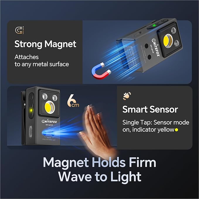 Clip-on Light EDC Flashlight Multi-purpose Clip light, 5 Light Sources White Red Blue RGB UV Lights All In One, Strong Clip Magnetic Sensor Hands Free for Outdoor Indoor Portable Lighting