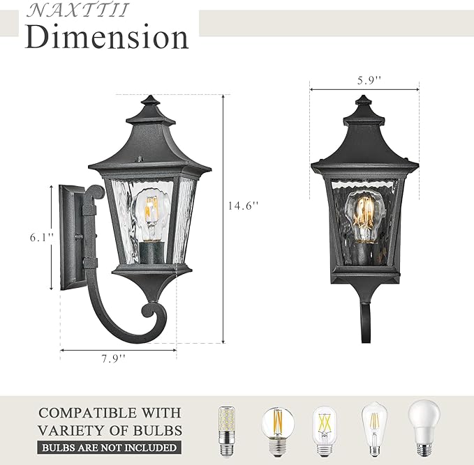 Modern 14.6 Inch Outdoor Wall Sconce Light with Water Ripple Glass in Black Finish, Aluminum Porch Light for Gardens, Garage, Yards and Entryway, E26 Socket