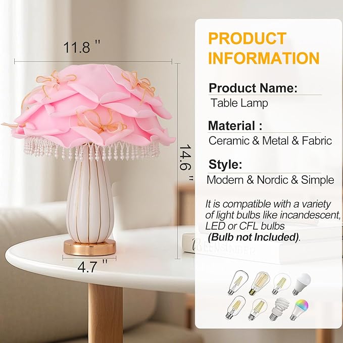 Pink Girls Table Lamp Romantic Bouquet Bedside Lamp Cute Nightstand Light Nordic Table Lamp for Bedroom Living Room Entry Office Study Room Kid Room Valentines Dating Wedding Decor