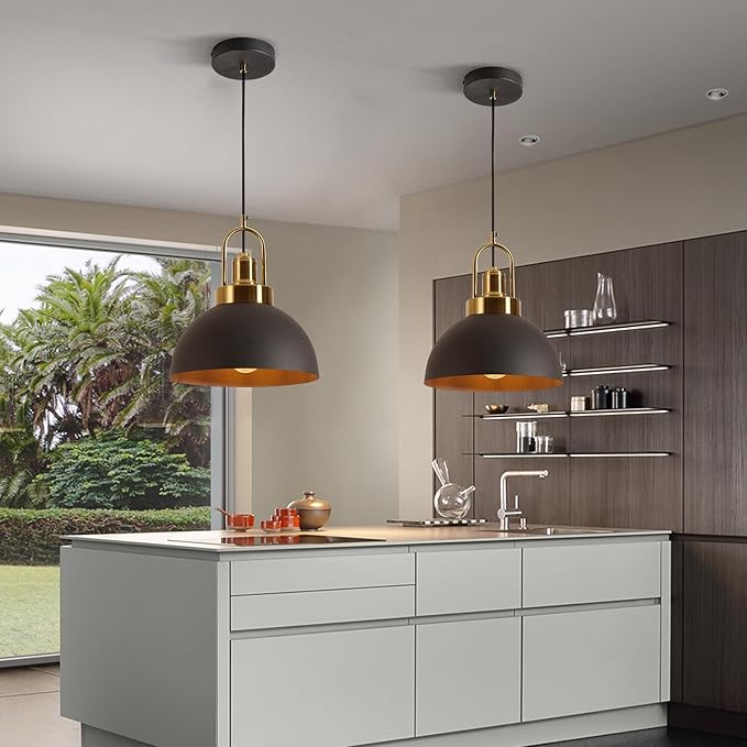 Vintage Industrial Pendant Light Black Pendant Light with 9.84-inch Dome and Brass Socket, 78.74-inch Wire – Perfect for Kitchen Island, Dining Room, Hallway, Bedroom, Living Room