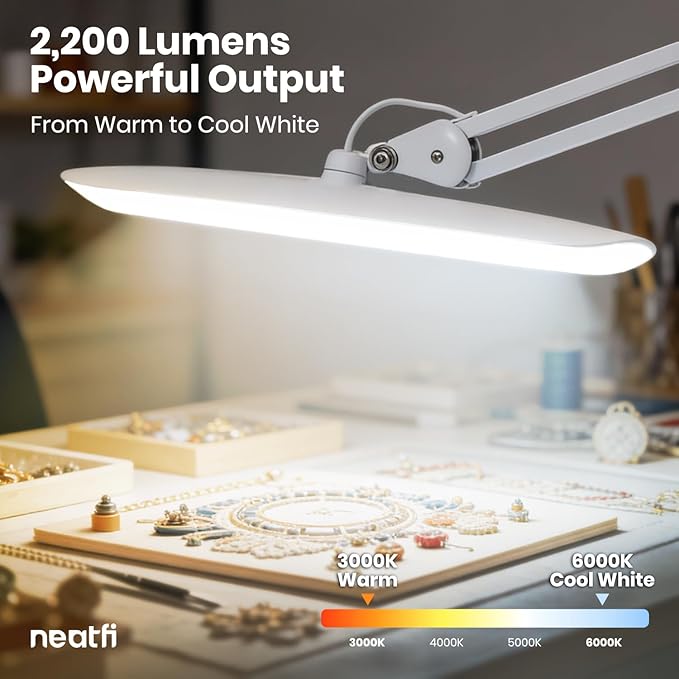 Neatfi XL LED Desk Lamp with Clamp, 2200 Lumens, 20W, 20-Inch Wide Head, Dimmable 4 Brightness Levels, 3 Color Modes 3000K–6000K, Task Light for Home Office, Crafts, Workbench (CCT, White)