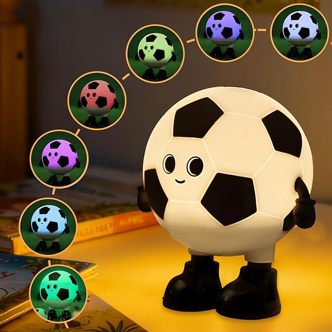 Cute Soccer Silicone Night Light for Kids, Rechargeable 7-Color Changing Lamp with 3-Level Dimming & 30-Min Timer, Safe Squishy Room Decor Christmas/Birthday Gift for Boys Girls
